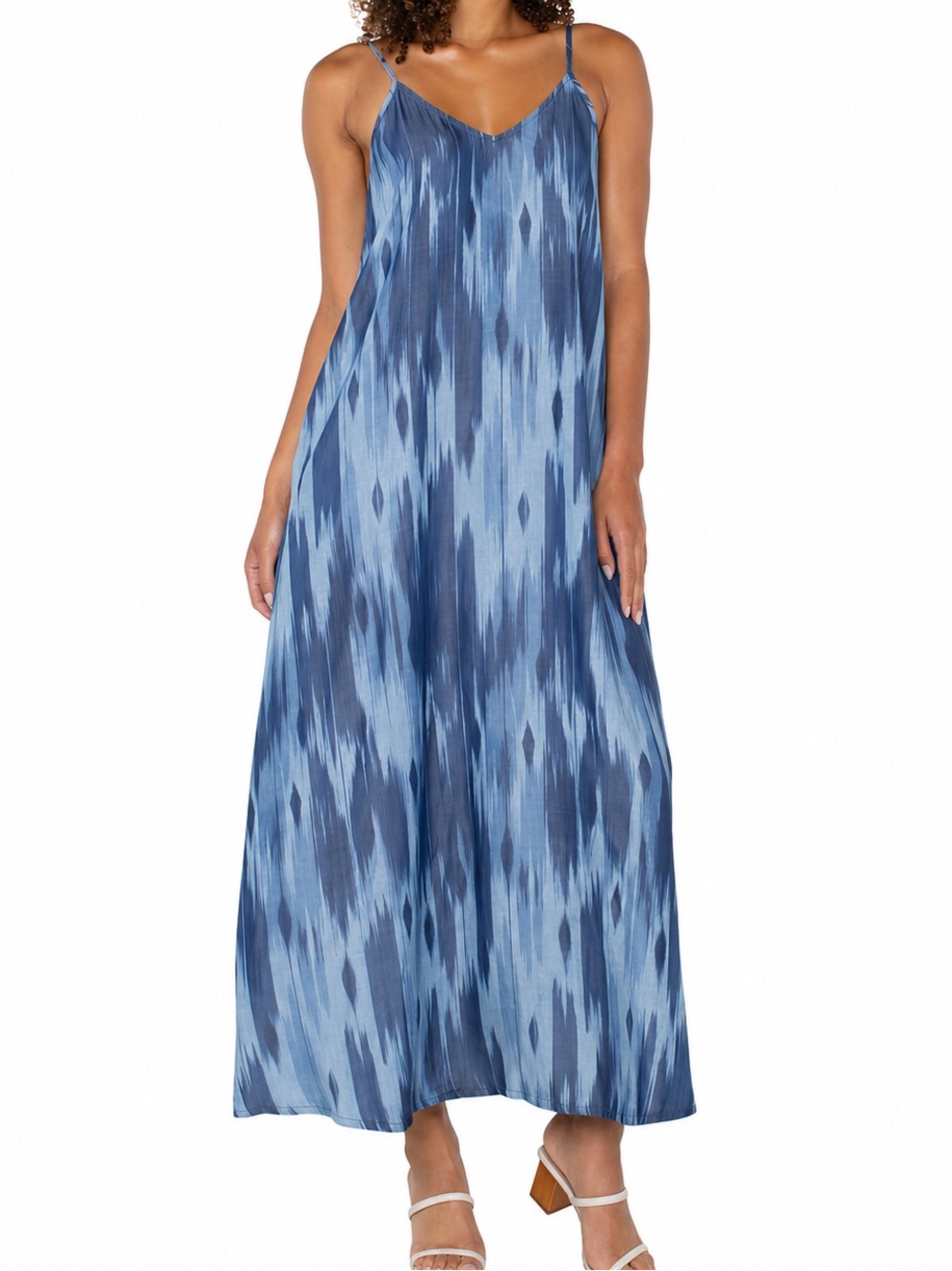 Liverpool Los Angeles Maxi Sundress Large Watercolor Blue Spaghetti Straps Dress
